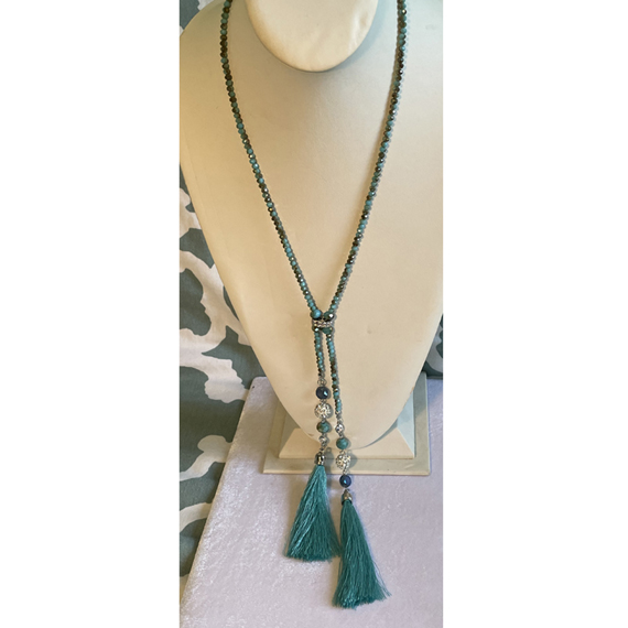 Aqua Crystal Rope Necklace with two Aqua tassels